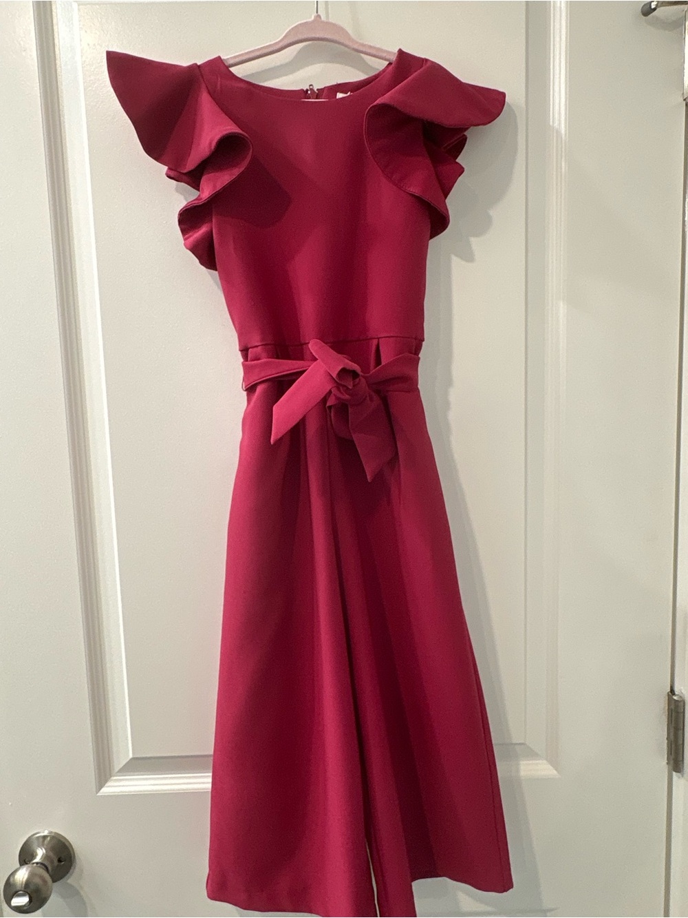 Giani Bini Girls Elegant Ruffle-Sleeve Wide Leg Jumpsuit/Romper in Deep Magenta